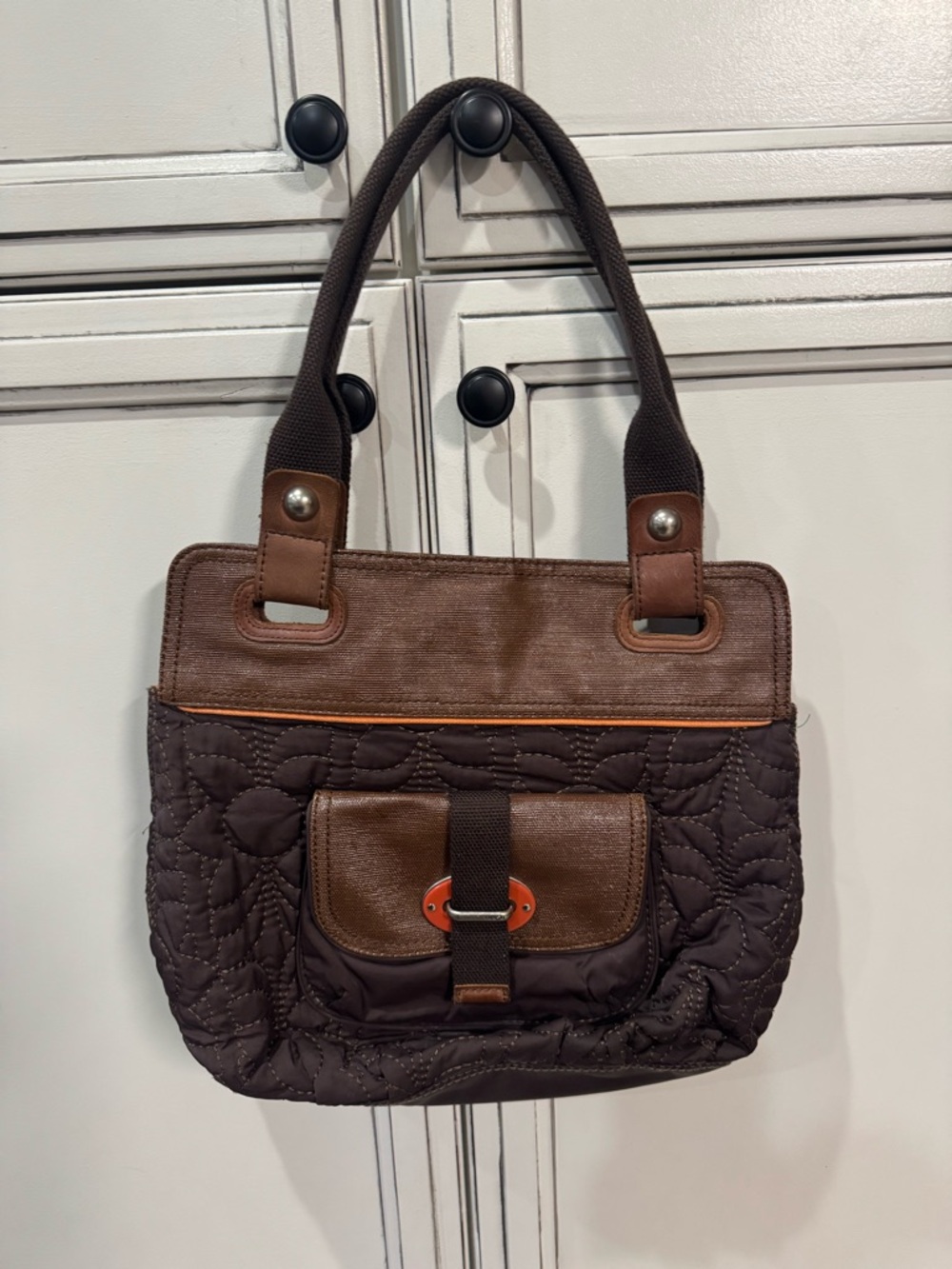 Fossil Key Per Quilted Brown Leather Trim Tote Bag Key Charm
